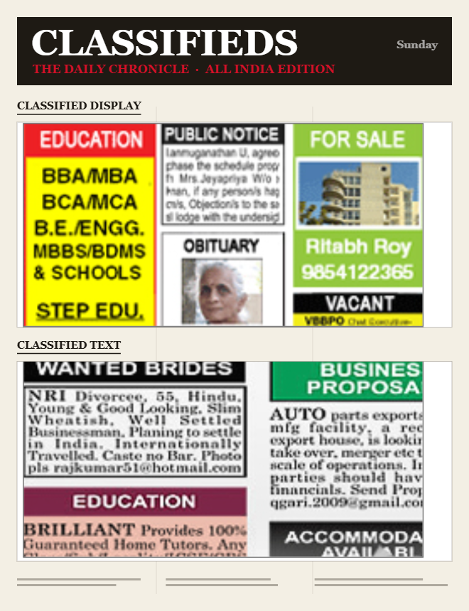 A newspaper classifieds page showing classified display and classified text ads